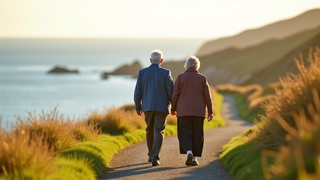 Retired couple walking on coastal path near Dingle, holding hands, sea breeze, relaxed pace, scenic background